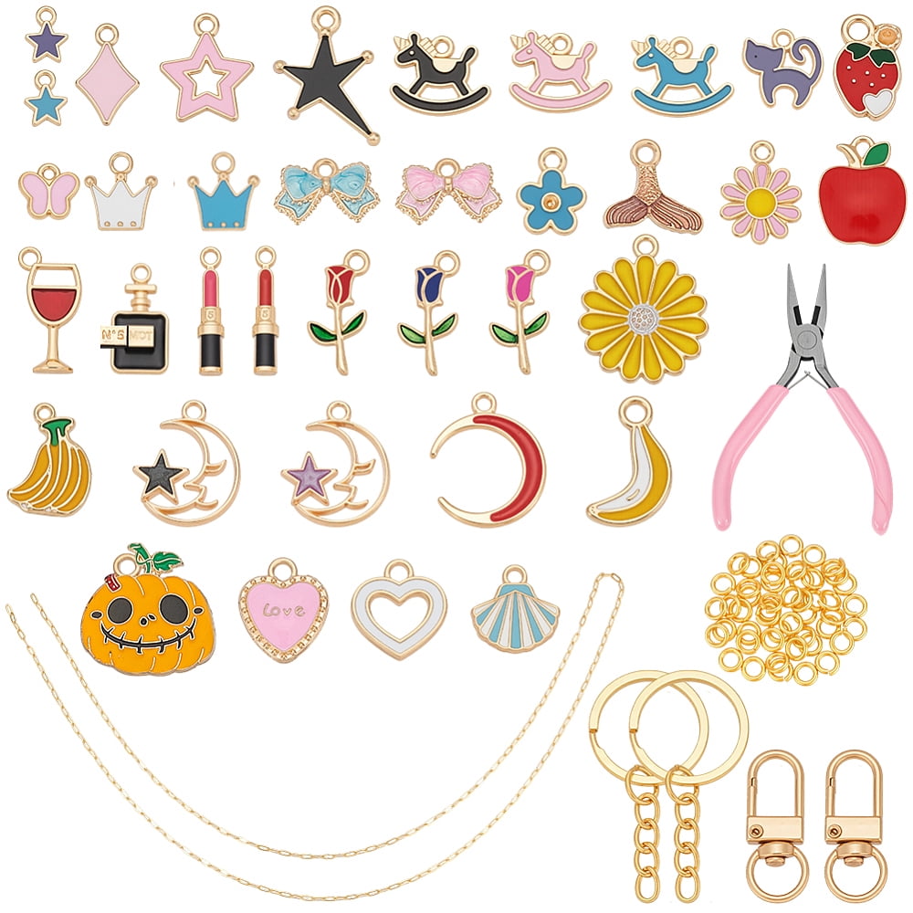 DIY Keychain Making Kit Including Zinc Alloy Enamel Pendants Brass Paperclip Chains Alloy Swivel Snap Hook Clasps Carbon Steel Jewelry Pliers