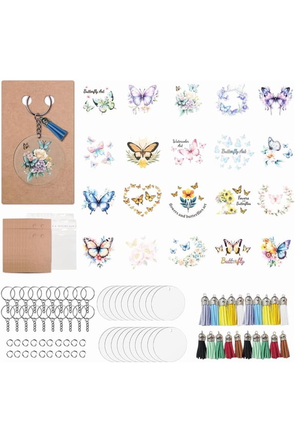 DIY Keychain Making Kits Including Paper Keychain Display Cards OPP Cellophane Bags Iron Key Rings Tassels and PVC Stickers Butterfly 120x70x0.4mm
