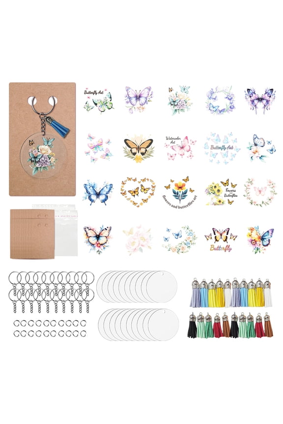 DIY Keychain Making Kits Including Paper Keychain Display Cards OPP Cellophane Bags Iron Key Rings Tassels and PVC Stickers Butterfly
