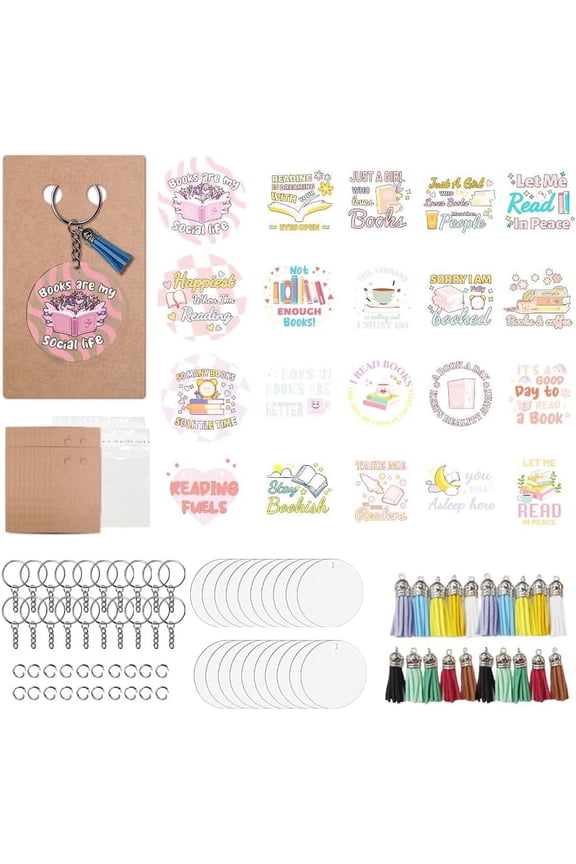 DIY Keychain Making Kits Including Paper Keychain Display Cards OPP Cellophane Bags Iron Key Rings Tassels and PVC Stickers Mixed Shapes for DIY