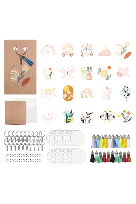 DIY Keychain Making Kits Including Paper Keychain Display Cards OPP Cellophane Bags Iron Key Rings Tassels and PVC Stickers Mixed Shapes