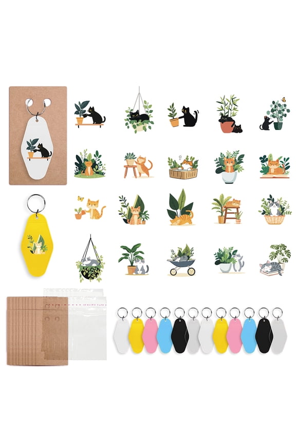 DIY Keychain Making Kits Including Paper Keychain Display Cards OPP Cellophane Bags Plastic Keychain and PVC Stickers Cat Shape 120x70x0.4mm