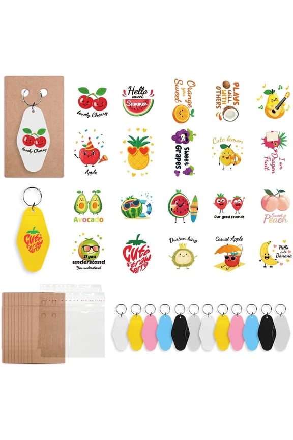 DIY Keychain Making Kits Including Paper Keychain Display Cards OPP Cellophane Bags Plastic Keychain and PVC Stickers Food 120x70x0.4mm
