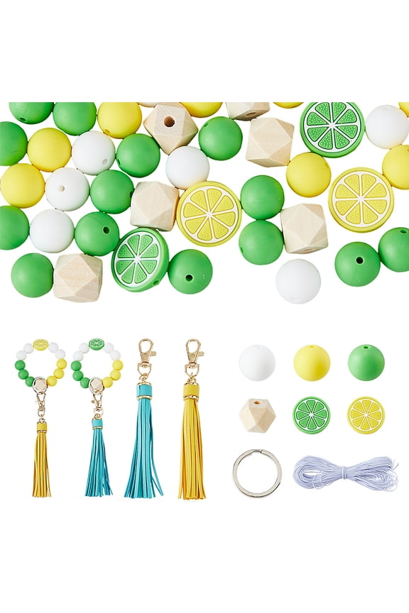 DIY Keychain Making Kits Including Silicone Polygon & Lemon Beads Iron Split Key Rings Imitation Leather Tassel Big Pendants Decorations Mixed Color