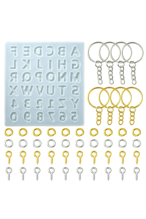 DIY Keychain Making Kits Inlcluding Alphabet & Number Pendant Silicone Molds Iron Split Key Rings & Screw Eye Pin Peg Bails