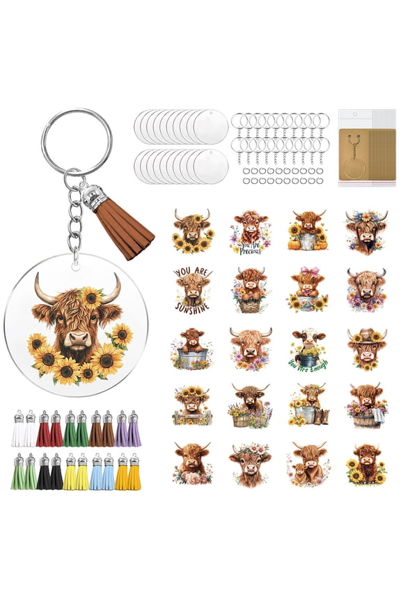 DIY Keychain Making Kits including PVC Stickers OPP Cellophane Bags Kraft Paper Keychain Display Cards Iron Key Rings and Tassels Cattle 110x240mm