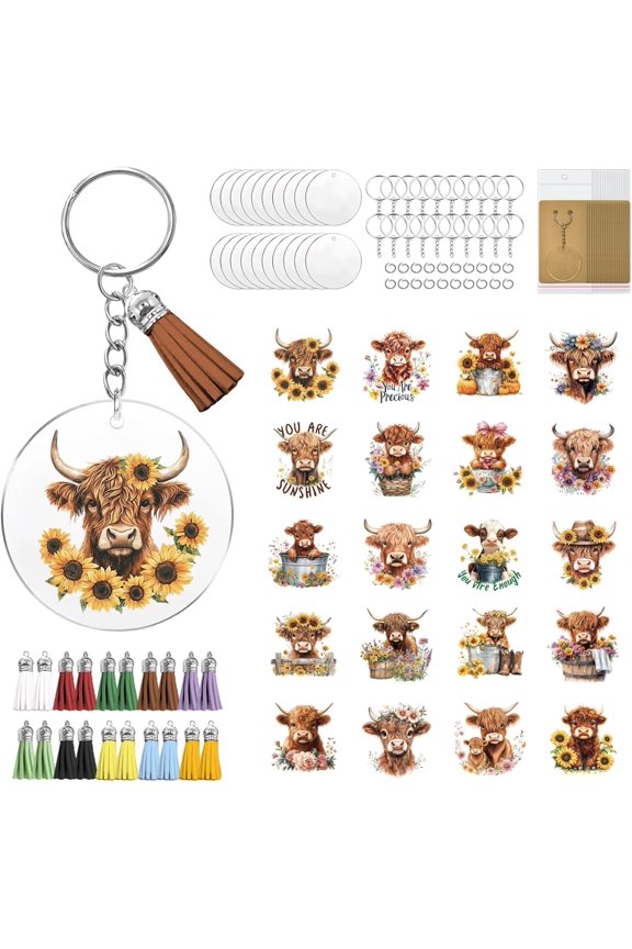 DIY Keychain Making Kits including PVC Stickers OPP Cellophane Bags Kraft Paper Keychain Display Cards Iron Key Rings and Tassels Cattle for DIY