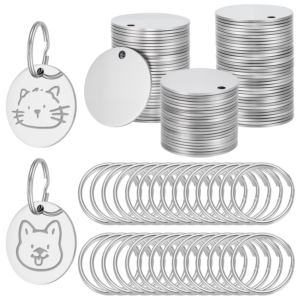 DIY Keychain Making Kits including Stainless Steel Pendants and Iron Split Key Rings Flat Round Platinum & Stainless Steel Color 30x1mm Hole: 3mm