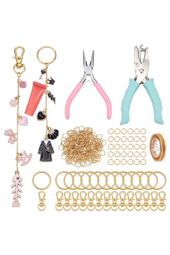 DIY Keychian Making Kits include Iron Cable Chains 30Pcs Alloy Clasps 30Pcs Iron Split Key Rings 1Pc Carbon Steel Plier 1Pc Iron Hole Punch