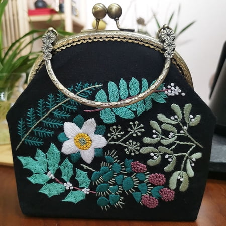 DIY Kiss Lock Coin Purse Embroidery Kit Including Embroidered Fabric Embroidery Needles & Thread Metal Purse Handle Flower Pattern Black 210x165x40mm