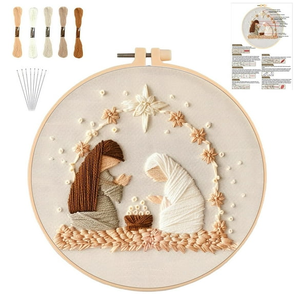 DIY Knitting Christmas Scene Embroidery Kit Complete Set with Fabric Scissors Needle and Thread for Holiday Decorating and Family Crafting