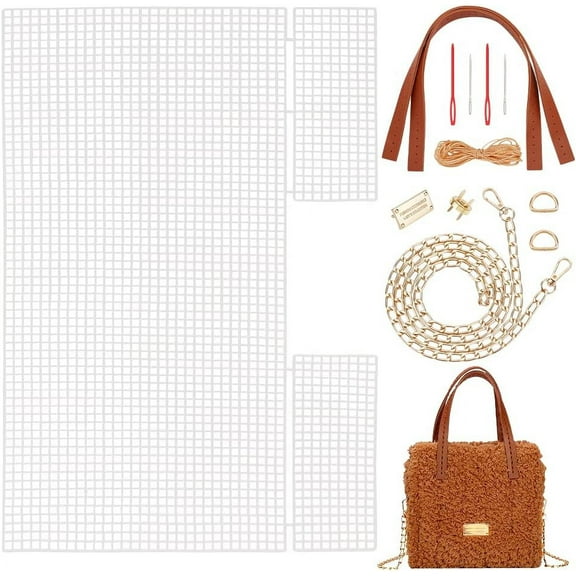 DIY Knitting Crochet Bags Kit Hand-Knit Woven Bag Making Kit Mesh Plastic Canvas Sheets for Embroidery Cross Stitch DIY Shoulder Bag Making Accessories Handbag Crafting Yarn Weaving Kit Brown
