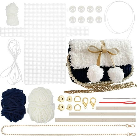 DIY Knitting Crochet Handbags Kit Imitation Pearl Knitting Crochet Bag Making Kit Blank Mesh Plastic Shoulder Bag Crafting Set for DIY Handmade Crochet Bag 8.6x1.9x5.1 Inch Black