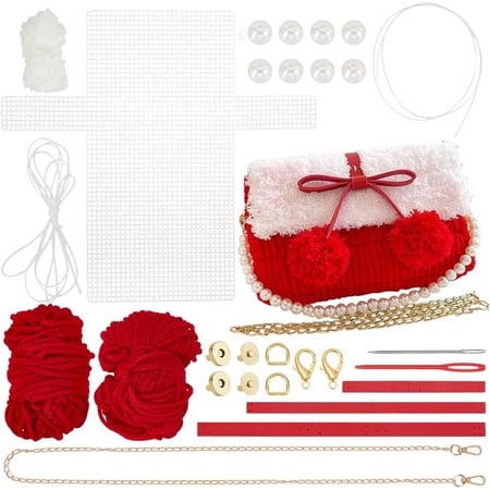 DIY Knitting Crochet Handbags Kit Imitation Pearl Knitting Crochet Bag Making Kit Blank Mesh Plastic Shoulder Bag Crafting Set for DIY Handmade Crochet Bag 8.6x1.9x5.1 Inch Red