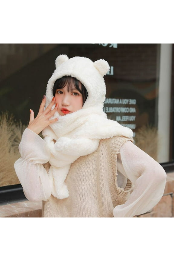 DIY Knitting Kit,Women Woolen Three In One Hooded Cap Earflap Hat Long Scarf Gloves Set Winter Thermal Plush Earflap Hat Scarf Pocket Set Windproof Bear Themed Set