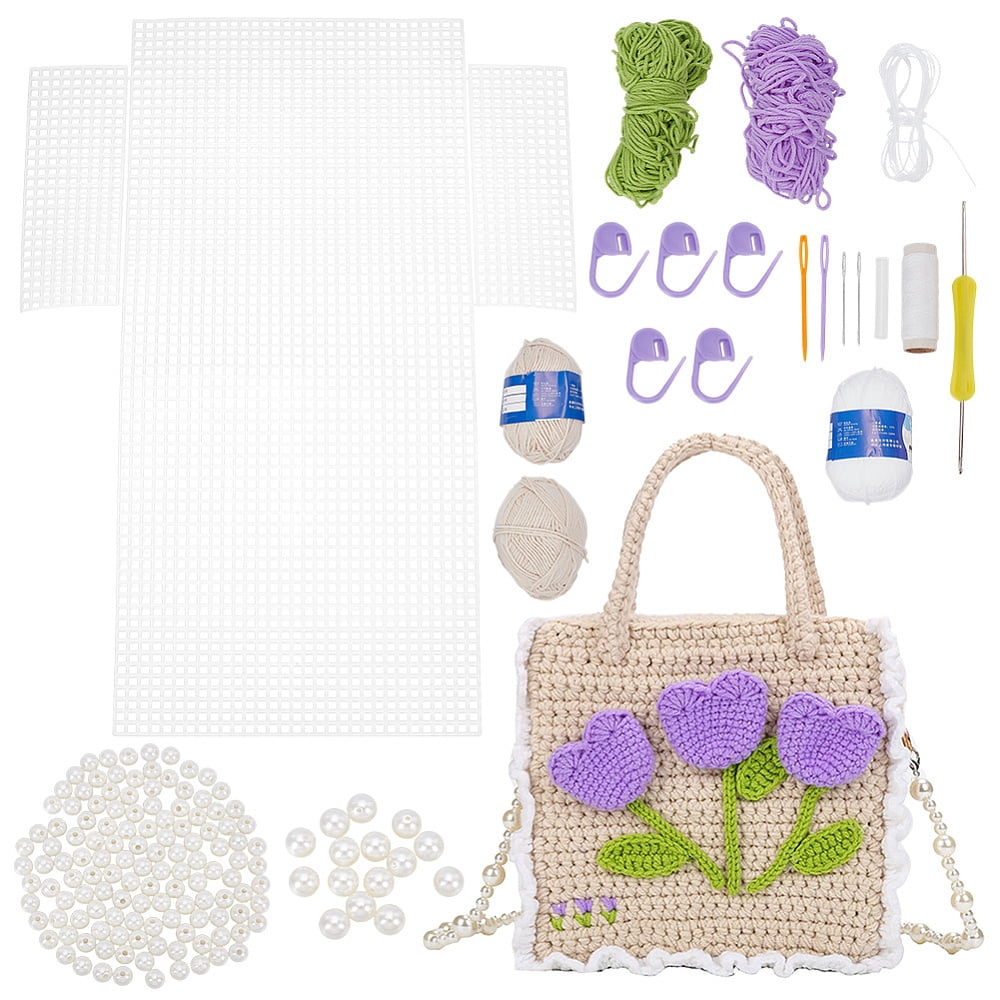 DIY Knitting Rectangle Bags Set Including Plastic Mesh Board Cotton Threads Plastic Pins Imitation Pearl Beads and Findings Mixed Color