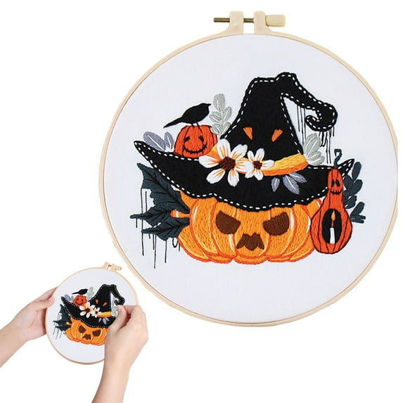 DIY Knitting Supplies,Halloween Embroidery Kit DIY Easy Embroidery Kit For Adults Beginners Stitching Kit Needlepoint With Pre Printed Fabric Hoop Thread Needles & Guidance