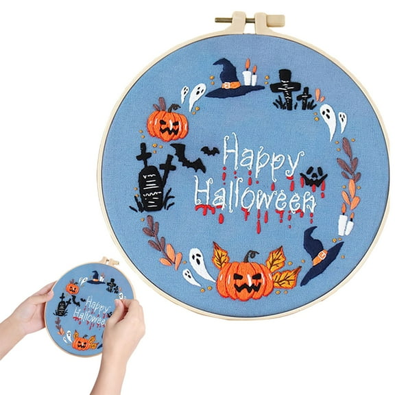 DIY Knitting Supplies,Halloween Embroidery Kit DIY Easy Embroidery Kit For Adults Beginners Stitching Kit Needlepoint With Pre Printed Fabric Hoop Thread Needles & Guidance
