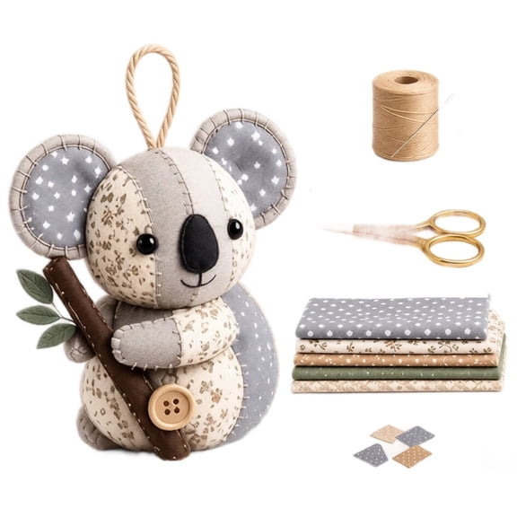 DIY Koala Fabric Sewing Kit, Patchwork Floral Cloth Koala Ornament Handmade Craft Kit with Complete Fabric Scissors Thread Supplies, Cute Koala Hanging Pendant Making Set for Beginners