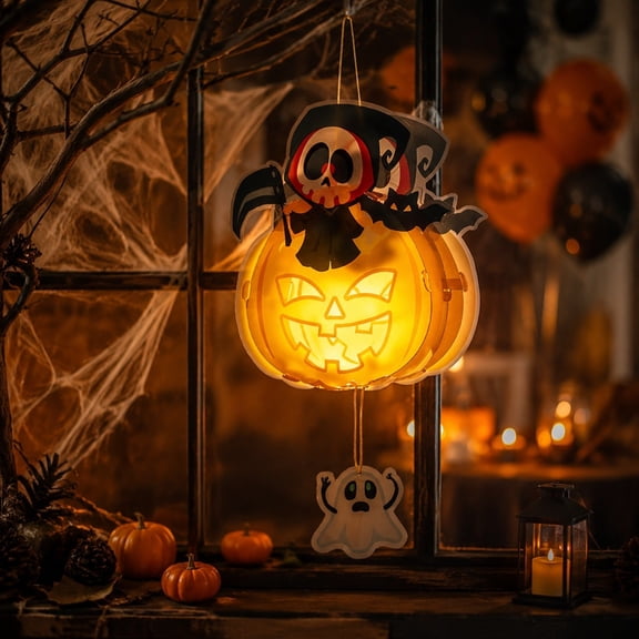 DIY LED Light Up Halloween Pumpkin Paper Lantern with Handle, Lighted Lantern Candy Bucket, Spider Black Cat Grim Reaper Hanging Ornament for Kids Trick or Treat, Halloween Party Indoor Outdoor Decor