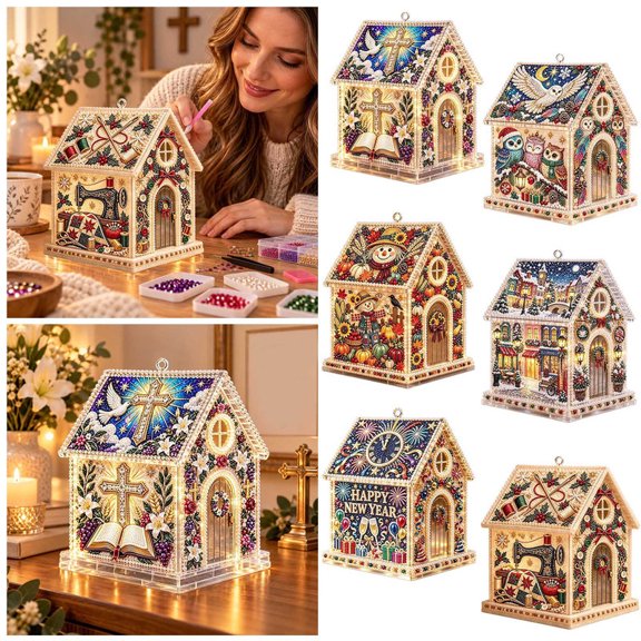 DIY LED Light Up Pearl Art Acrylic Owl Cottage, 5D Diamond Painting Winter Owl Family Hanging Ornament Craft Kit, Whimsical Animal Decor Gift for Owl Lovers Bird Fans Home Christmas