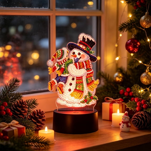 DIY LED Snowman Rhinestone Art Kit - Tabletop Holiday Decor Lamp - Christmas Family Activity(B)