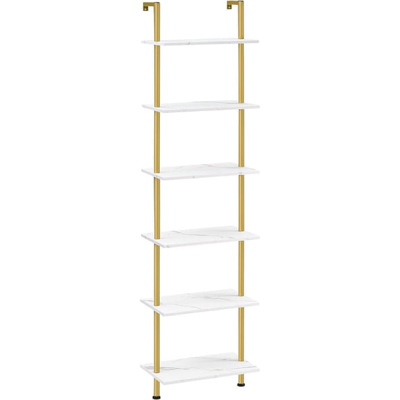DIY Ladder Shelf, 6-Tier Wooden Wall Mounted Bookshelf, Narrow Gold Bookcase, Display Shelf, Storage Rack, Plant Stand, for Living Room, Bedroom, Study, Balcony, Marble and Gold DM651CJ01