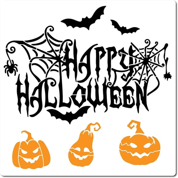 DIY Large Happy Halloween Stencils 12x12 Inch Reusable Bats Stencil Spider Web Template Signs Pumpkin Decoration for Painting on Wood Wall Scrapbook Card Floor Canvas and Tile Drawing DIY