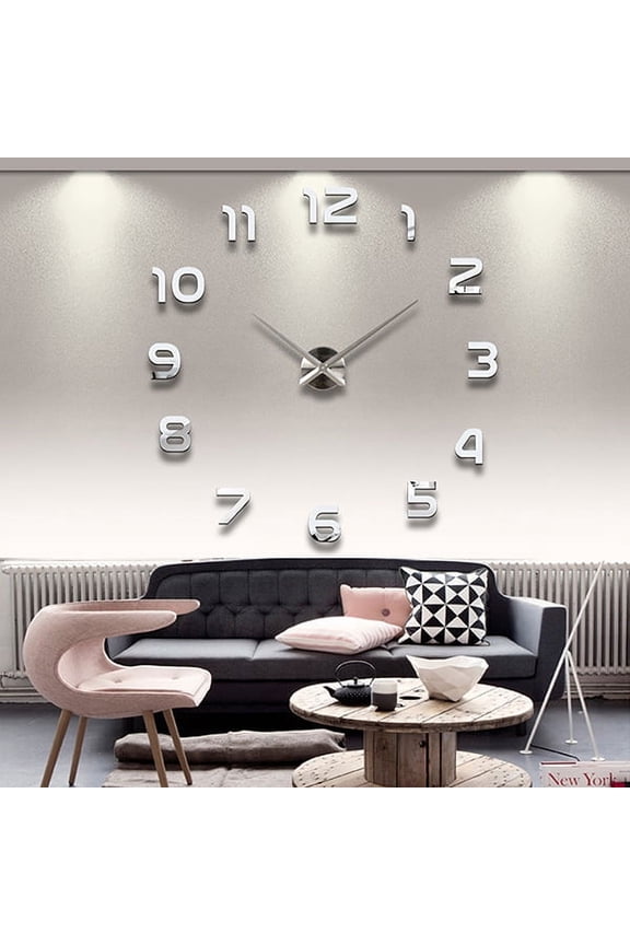 DIY Large Number Wall Clock 3D Mirror Sticker Modern Home Office Decor Art Decal Silver