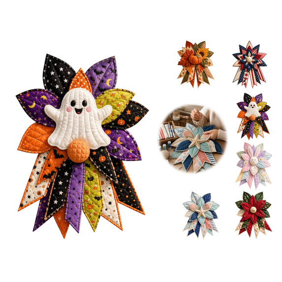 DIY Large Patchwork Bow Sewing Kit, Beginner Quilting Craft Kit for Adults with Coordinated Fabrics and Instructions, Oversized Farmhouse Door Wreath Holiday Decor(Ghostly Midnight)