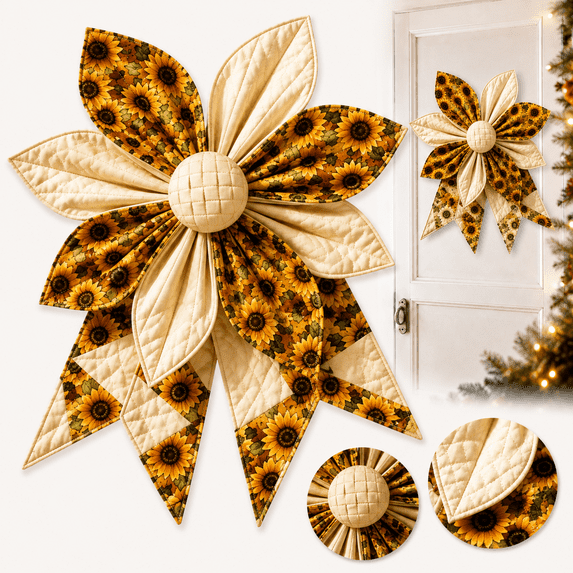 DIY Large Patchwork Bow Sewing Kit, Farmhouse Folded Fabric Flower Door Hanging Craft Set with Pre-Cut Fabrics, Batting and Instructions for Wall Window Porch Decor (E)