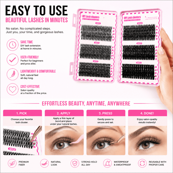 DIY Lash Clusters Kit, 30D-100D Fluffy Volume Individual Lashes with Tools, Reusable Wispy Eyelash Extensions for Beginners, Natural Look at Home