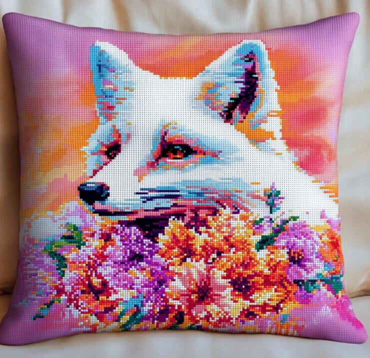 DIY Latch Hook Cushions White Fox and Flowers Latch Hook Kits Animals 3D Pillow Materials Package Cover Latch Hook Kits Cushion Embroidery Set Craft Home Decoration  17x17 inches