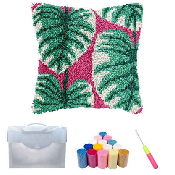 DIY Latch Hook Kit 17"x17" Tropical Monstera Leaf Throw Pillow Case, Pre-Printed Cross Stitch Cover, Boho Jungle Home Decor Handmade Gift for Adult Beginners