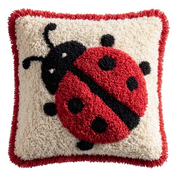 DIY Latch Hook Kit 43x43cm,Ladybug Preprinted Canvas Cushion Cover,Beginner Friendly Craft Kit for Adults,Home Decor & Gift