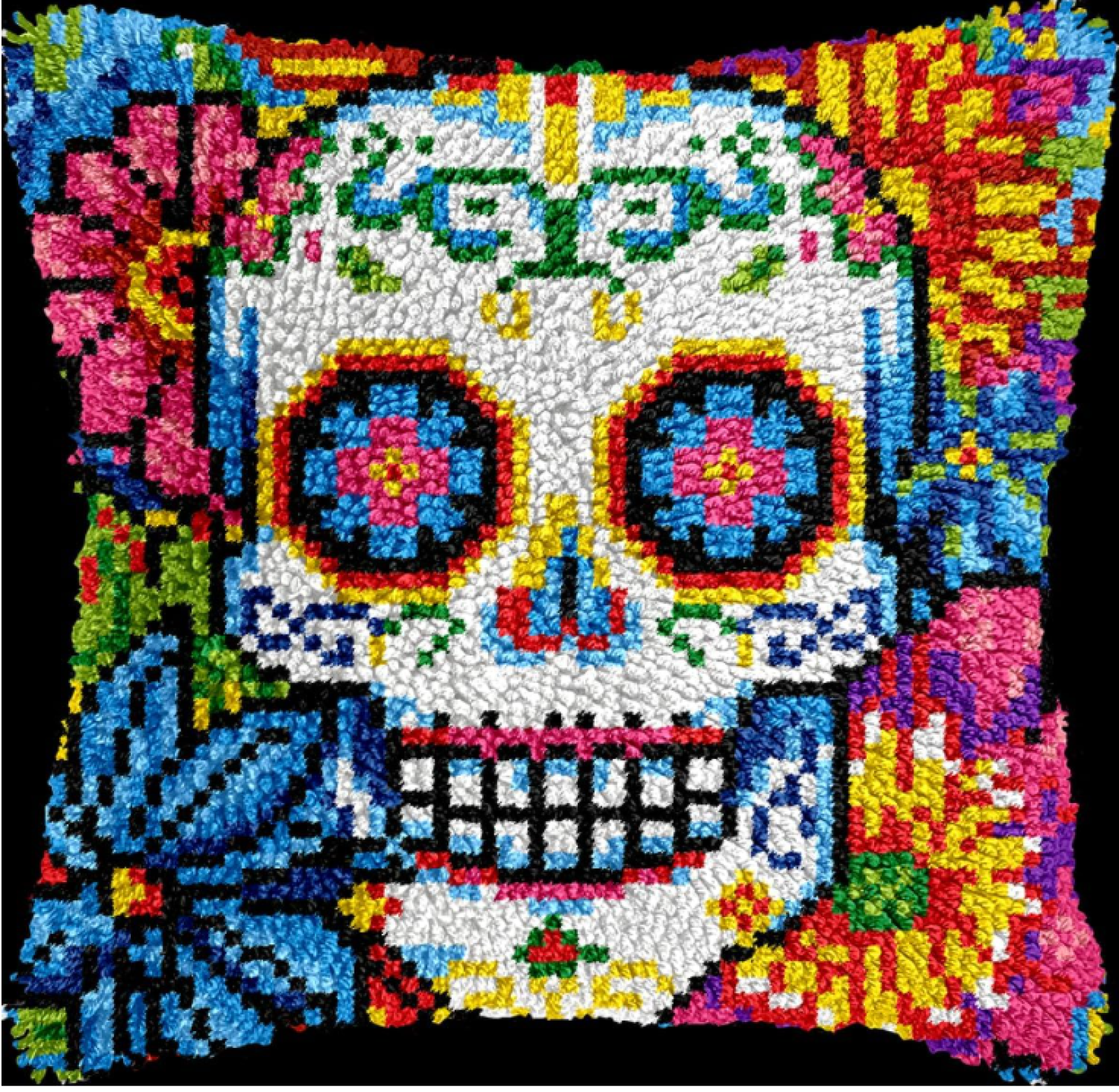 DIY Latch Hook Kits For Adults Colored Skull DIY Latch Hook Kits Pillowcase Embroidery, Knitting, Gift For Adults Beginners 17x17in