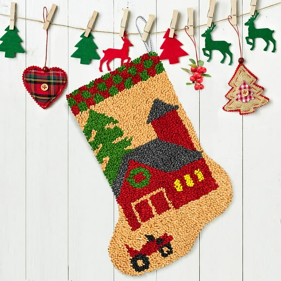 DIY Latch Hook Kits Novelty Christmas Socks for Kids Beginner Cute Fun Xmas Stocking Socks Christmas Ornament Bag Pre-Printed Pattern 17x12 inch