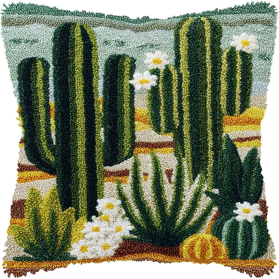 DIY Latch Hook Kits Pillow Cactus Desert Printed Pattern Crochet Yarn Needlework Hook And Latch Pillowcase Cushion Craft Set 43x43cm