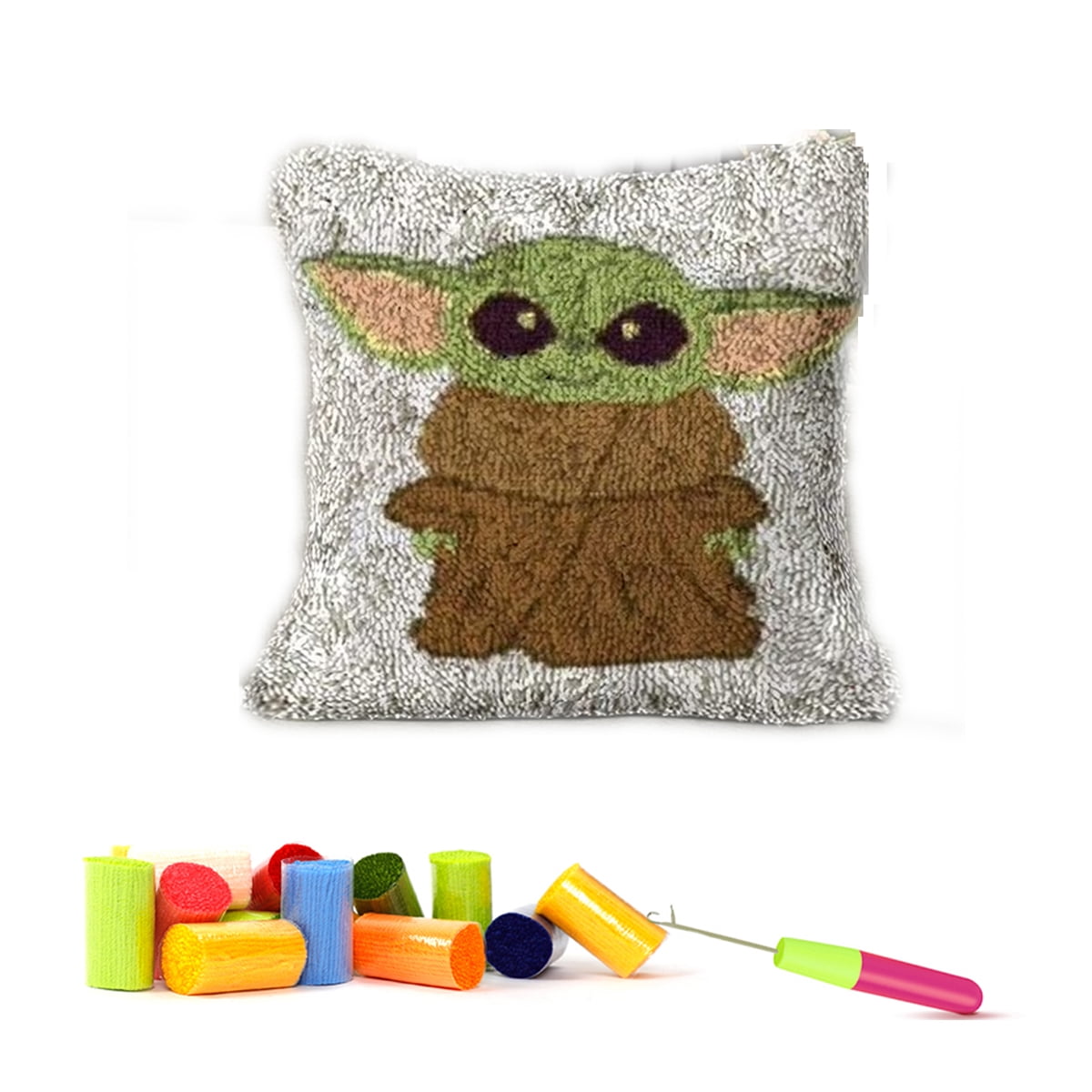 DIY Latch Hook Kits Pillow Case Embroidery Carpet Set Needlework Pillow Cover Sofa Cushion Cover Craft Kits 17x17 inch (Grogu)