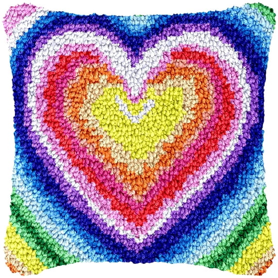 DIY Latch Hook Kits Pillow Rainbow Color Heart-shape Crochet Yarn Pre-Printed Pillowcase Needlework Hook and Latch Kit Pillowslip Cushion Home Sofa Decoration 43x43cm