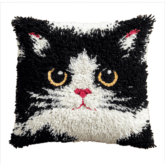 DIY Latch Hook Kits,White And Black Cat 17X17Inch Needlepoint Pillow Kit, Half Cross Stitch Kit, Embroidery Kit, Latch Hook Cushion Cover Hobby & Crafts