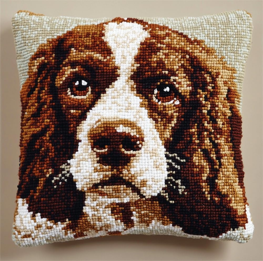 DIY Latch Hook Kitslatch Hook Kits Springer Spaniel Dog DIY Latch Hook Kits Pillow Needlepoint Cushion Kit for Home Décor Needlework Set for Adult Beginners 17X17In