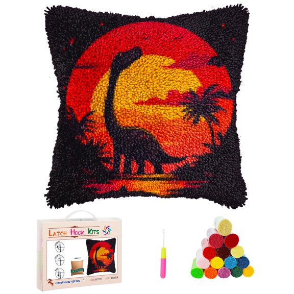 DIY Latch Hook Pillow Cover Kits Cartoon Dinosaur under Sunset Stampled Handamade Pillowcase Crochet Yarn Hook and Latch Emboridery Throw Pillow for Home Sofa Decor 43x43cm(61)