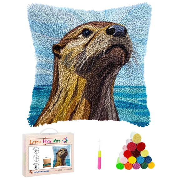 DIY Latch Hook Pillow Cover Kits Cartoon Otter in Sea Stamped Handamade Pillowcase Crochet Yarn Hook and Latch Emboridery Throw Pillow for Home Sofa Decor 43x43cm(7)