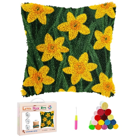 DIY Latch Hook Pillow Cover Kits Yellow Daffodils Flower Stampled Handamade Pillowcase Crochet Yarn Hook and Latch Emboridery Throw Pillow for Home Sofa Decor 43x43cm(11)