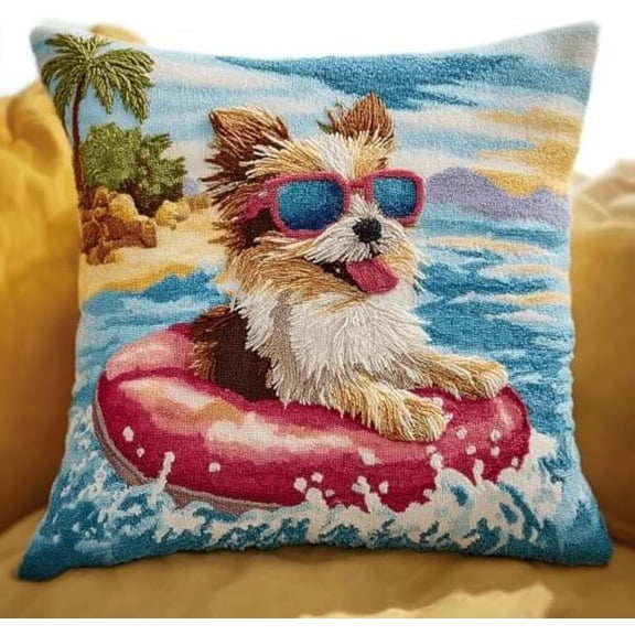 DIY Latch Hook Pillow Kit 43x43cm Complete Cushion Making & Embroidery Craft Set,Handmade Pillow Cover Rug Kit For Beginners,Adults,Dog Playing In Water