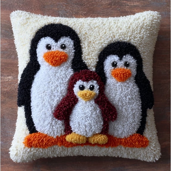 DIY Latch Hook Pillow Kit,A family of penguins 17x17 Inch Preprinted Canvas Cushion Cover,Complete Craft Kit with Pre-Cut Yarn,Beginner Adults Friendly,Home Decor & Holiday Gift