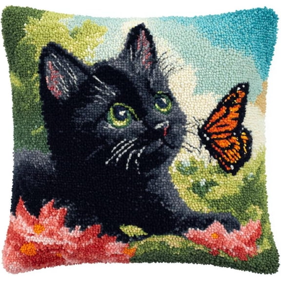DIY Latch Hook Pillow Kit For Adults & Beginners, 17x17 Inch Pre-Printed Throw Pillow Cover With Yarn Included, Cats Flowers Butterflies Pattern, Complete Rug Hooking Kit For Home Decor & Gift