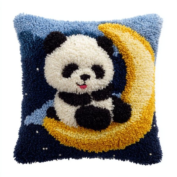 DIY Latch Hook Pillow Kit,Panda on the Moon 17x17 Inch Preprinted Canvas Cushion Cover,Complete Craft Kit with Pre-Cut Yarn,Beginner Adults Friendly,Home Decor & Holiday Gift