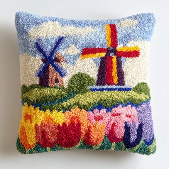 DIY Latch Hook Pillow Kit Tulip Windmill Field Easy For Beginners With Pattern DIY Crochet Craft Kit Pillowcase Cushion For Home Decor 43x43cm